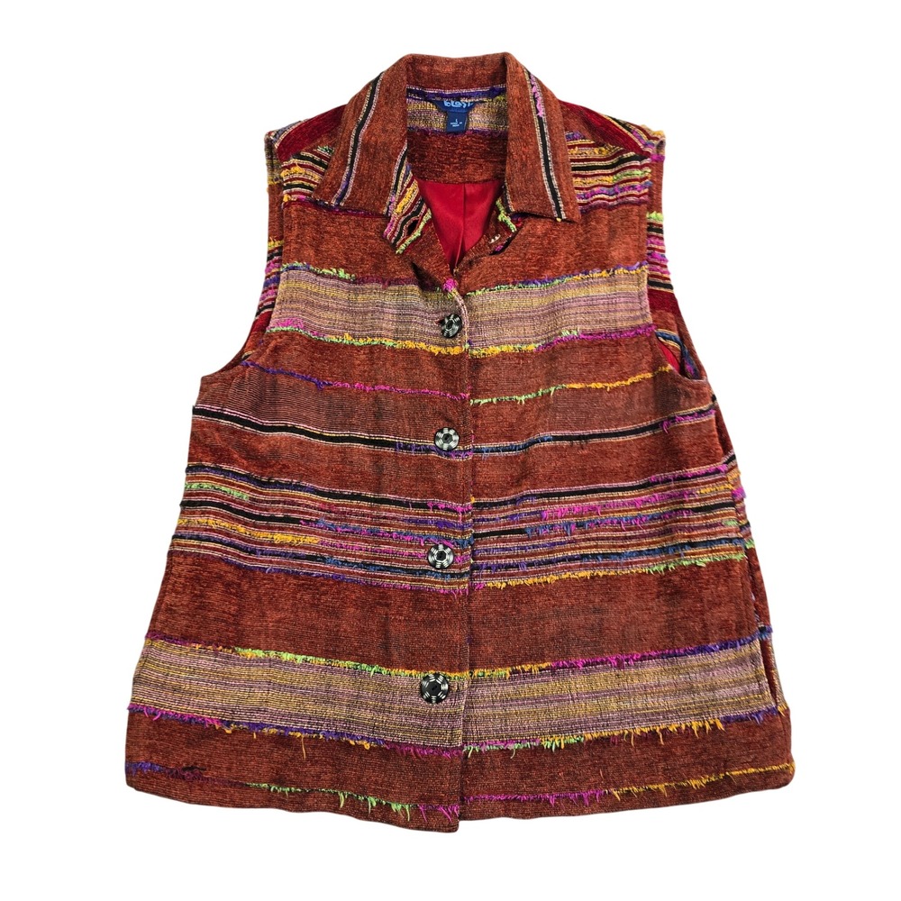 Y2K Blast Boho Vest Women L Multi-Color Stripe Textured Button Front Pockets Art